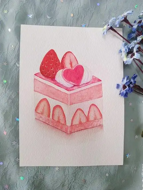 水彩草莓蛋糕附线稿