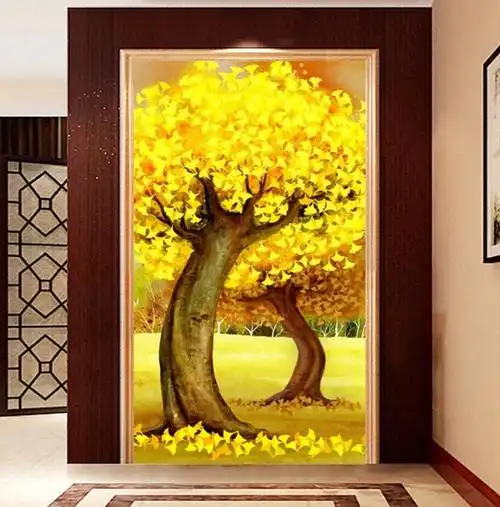 手工十字绣成品黄金满地发财摇钱树新款玄关竖版十字绣成品