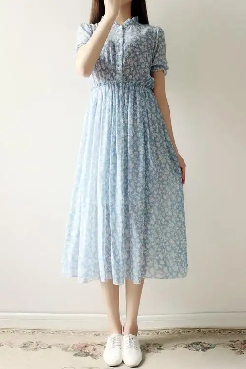 蓝色魅力碎花波西米亚雪纺长裙