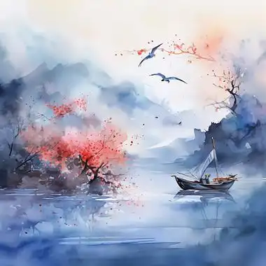 彩色水墨中国风天道酬勤展板古风水彩水墨山水画中国风风景壁纸小船