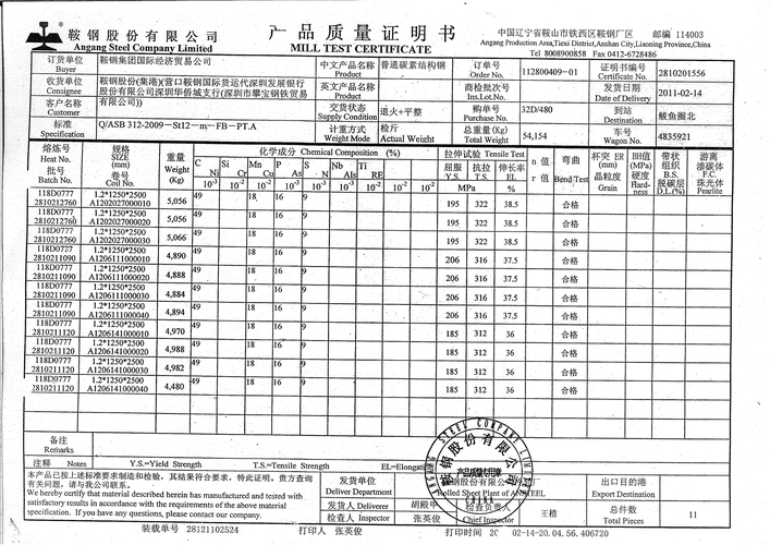 鞍钢质量证明书-1.2冷扎板
