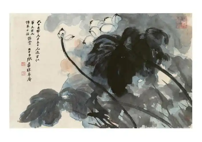 张爰大千居士一组写意荷花图欣赏