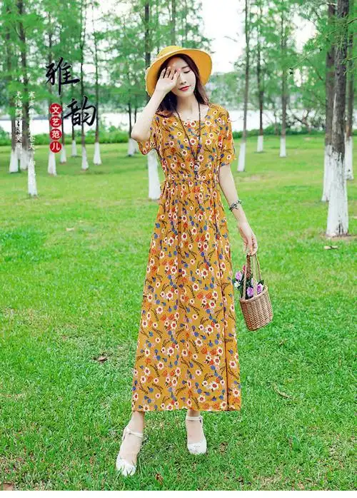 复古文艺小碎花棉麻连衣裙女2021夏新款宽松大码显瘦系带收腰长裙绿色