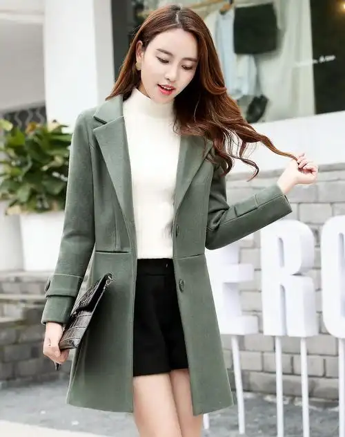灰绿色时尚简约翻领百搭长袖毛呢大衣