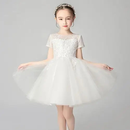 儿童礼服公主裙女童蓬蓬白色晚礼服小孩主持人生日走秀钢琴演出服