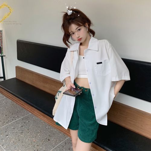 右见面夏季衬衫女学生 韩版宽松 慵懒风女生外穿白色短袖女设计感小众