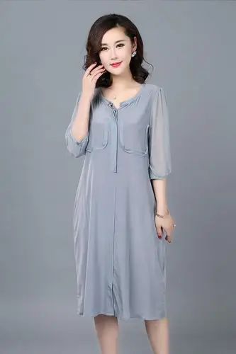 中老年女装妈妈装真丝连衣裙纯桑蚕丝中长款八分袖裙子夏装加肥