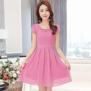 雪纺夏天连衣裙短袖女装2022新款夏装淑女风显瘦中长款夏季修身裙子