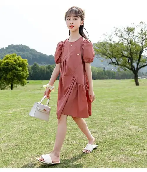 女装12岁以上初中夏季女童洋气连衣裙2022儿童装裙子胭脂红6446110cm