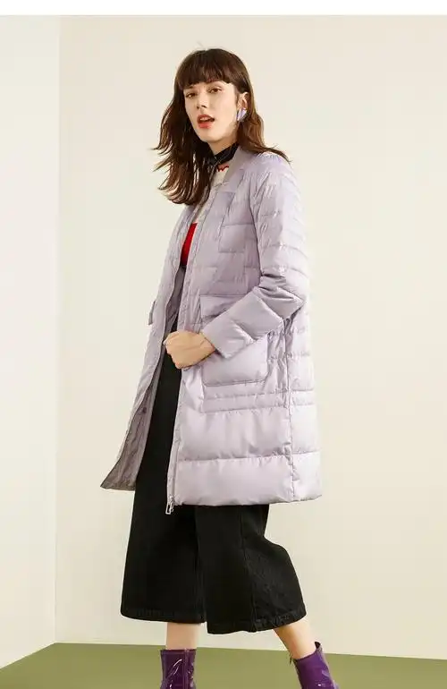 艾莱依秋冬新款简约轻薄修身中长款羽绒服女大衣 暖白色 155/80a/s