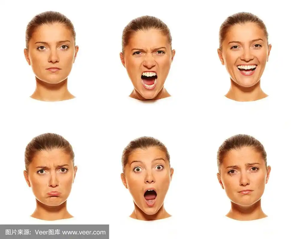金发女人做了六种不同的面部表情