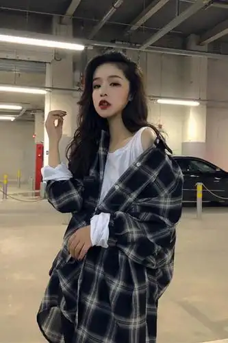 慵懒中长款oversize格子衬衫女宽松早春新款衬衫裙春季bf原宿风百搭大