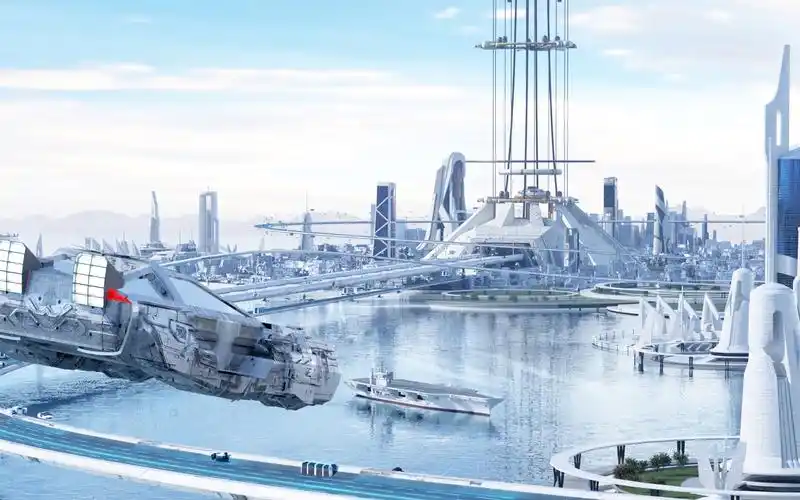 belnder太空电梯未来城市场景