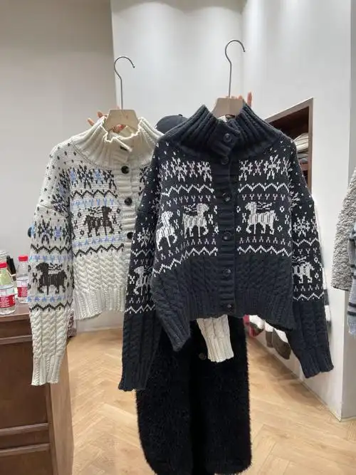 秋冬女新款耶诞风喜庆高领针织衫开衫小鹿提花毛衣外套上衣-阿里巴巴