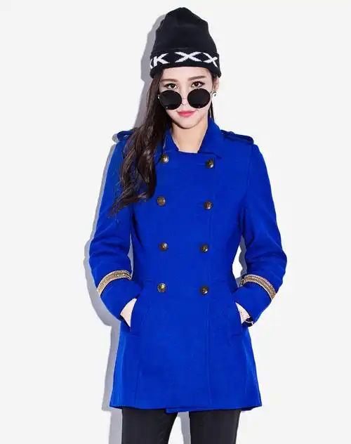 other mix电光蓝 收腰军装风毛呢大衣