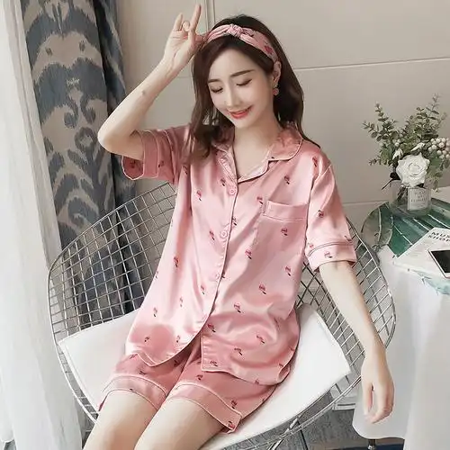 韩版睡衣女夏冰丝短袖两件套清新学生薄款丝绸可外穿套装家居服