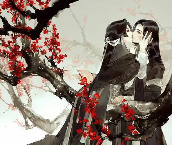 古风情侣亲吻红色花朵