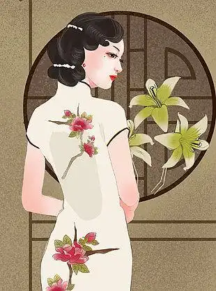 国潮手绘旗袍女插画