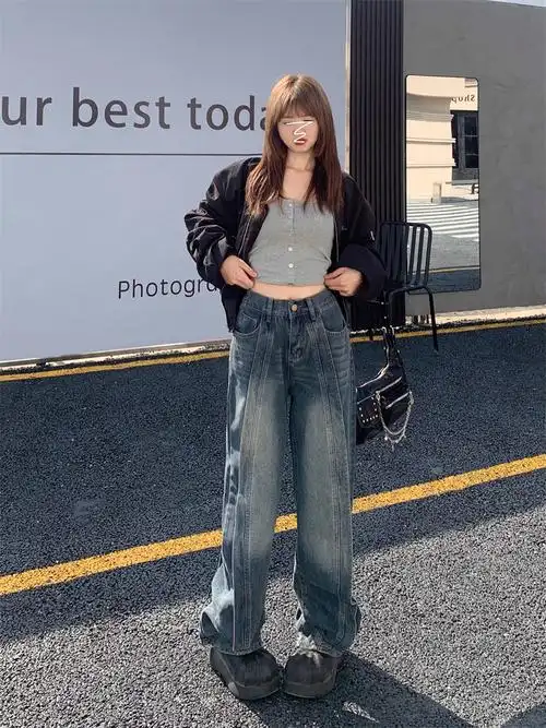拼接牛仔裤宽高感简约宽松型小众高街阔腿直筒长… - 17网
