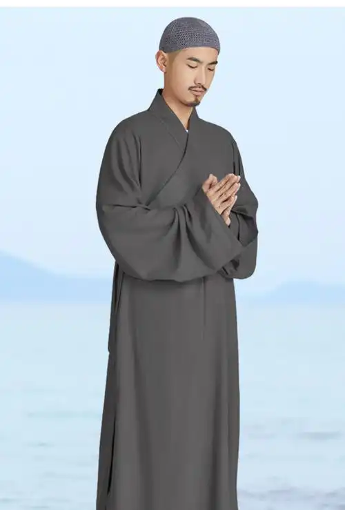 僧服长褂套装和尚服男女秋季棉麻大褂出家人新款四季僧衣男藏青色自然