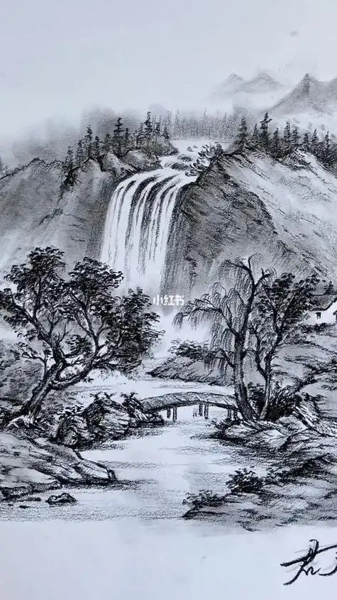 素描山水风景画图片 素描画风景山水画