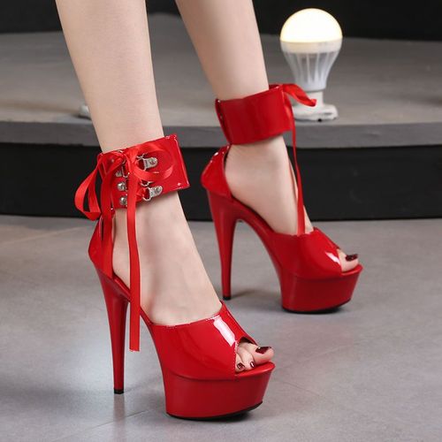 绑带13cm性感漆皮超高跟凉鞋细跟防水台走秀模特恨天高15公分女鞋