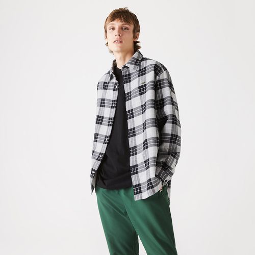 法国鳄鱼男装复古格纹宽松长袖衬衫男休闲保暖绒里舒适男式衬衫