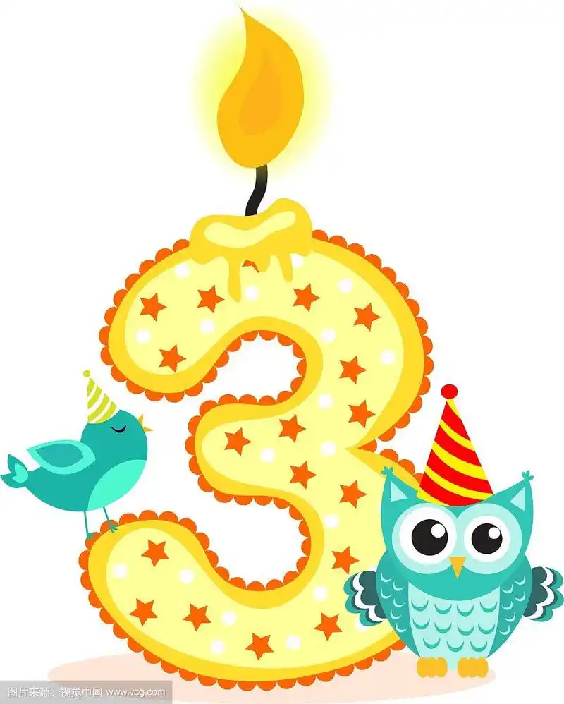 快乐三岁生日蜡烛和动物隔离在白色.三个数.矢量图