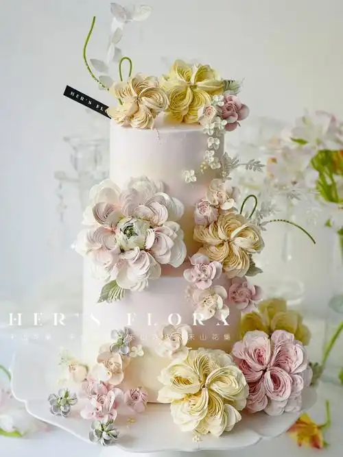 唯美梦幻的温柔双层韩式裱花婚礼蛋糕