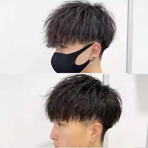 所谓不连接,就是图片中这种效果,顶部烫卷的头发,和鬓角以及后脑铲青