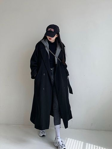 满99元减30元 黑色风衣女中长款2022秋冬新款高级感小个子毛呢外套