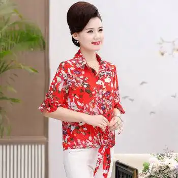 夏装5分袖雪纺衫妈妈装时尚t恤中老年女装中袖翻领碎花大码小衫女送妈