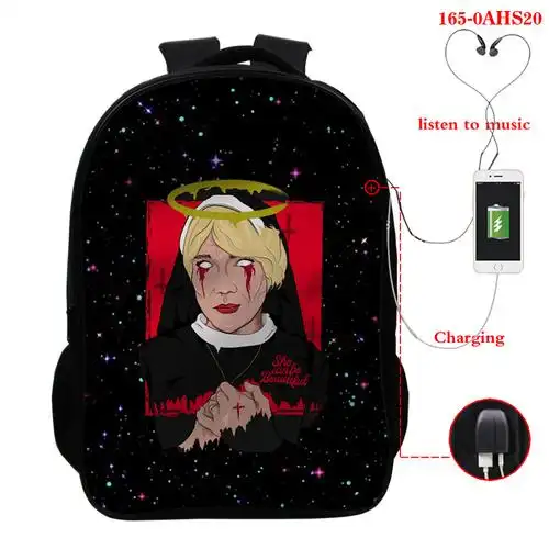 美国恐怖故事数码3d印花学生双肩书包16寸usb款全彩背包双层包