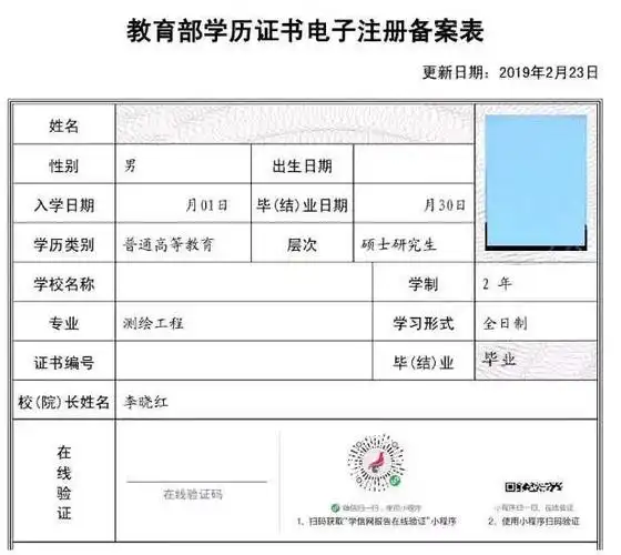 《教育部学历证书电子注册备案表》示例照片