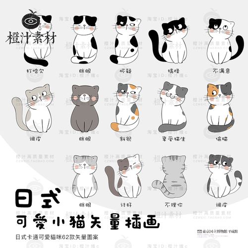 日式卡通可爱手绘q版猫咪图案小猫咪造型简笔画矢量插画设计素材