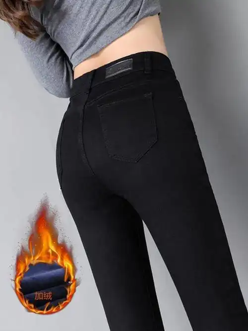 黑色牛仔裤女小脚冬202opi1年新款高腰力加绒秋九分紧身冬季弹裤