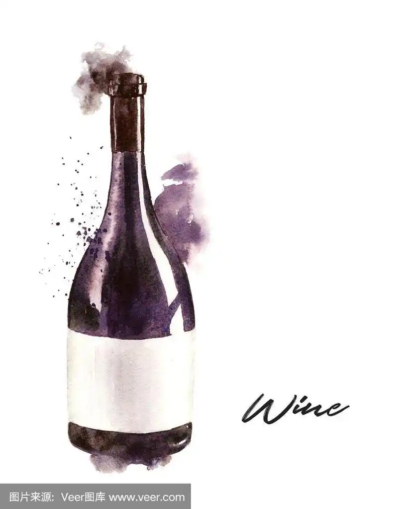 手绘水彩画的酒瓶,红酒.