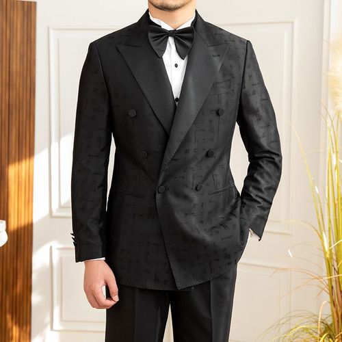 鹿三先生主持宴会婚礼黑色礼服大气时尚花纹双排六扣一西装套装男