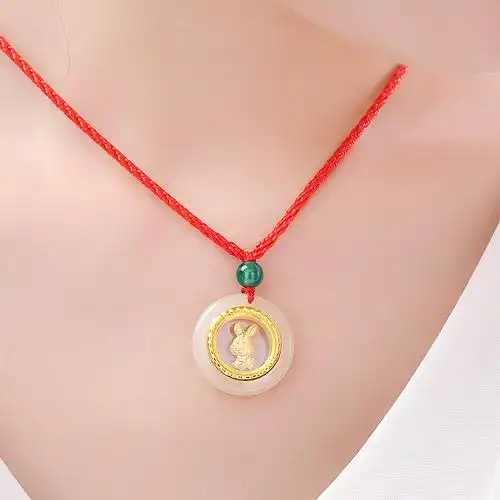 蒂蔻十二生肖兔足金和田玉镶嵌黄金吊坠项链男女款平安扣大人小孩亲子