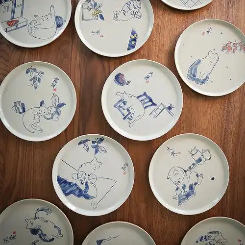 创意手绘青花瓷盘子全手工网红可爱小猫手作陶瓷圆盘24节气蒸鱼碟
