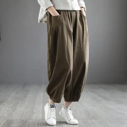 代勒原创文艺高腰显瘦灯笼裤女士宽松大码纯色休闲裤
