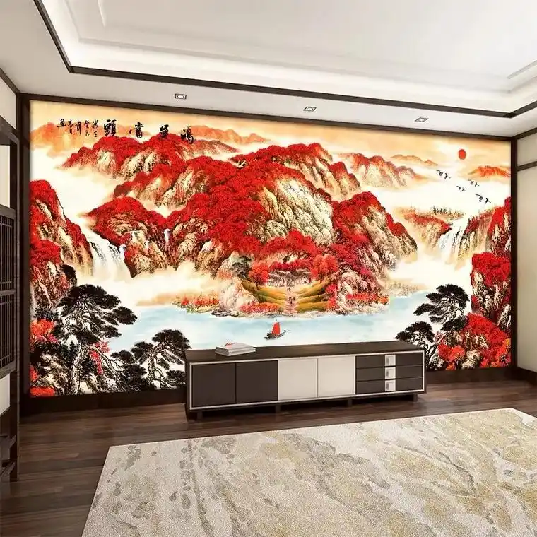 鸿运当头办公室墙纸背景墙新中式影视墙壁画.