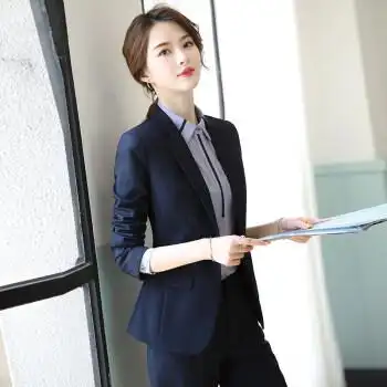 上班酒店经理正装大学生工作服职业西服套装女拼带 单件蓝色长·西装