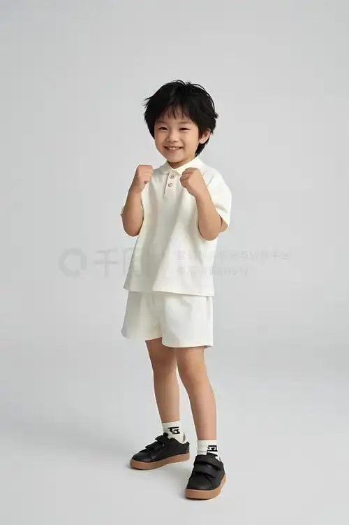 摄影图简约风儿童小男孩微笑站立握拳白短袖polo衫黑白照片