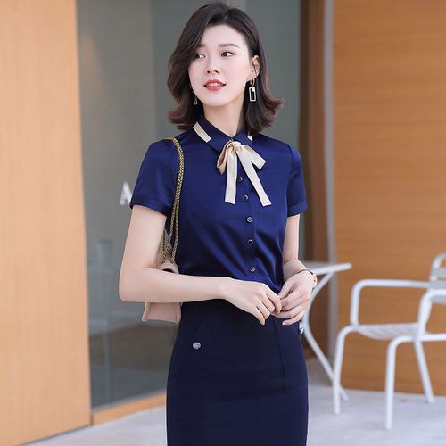 气质新款衬衫女设计感小众夏季短袖撞色蝴蝶结飘带职业工作服