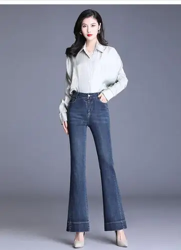 牛仔阔腿微喇裤女高腰弹力2020新款韩版修身显瘦垂感直筒长裤ty1981