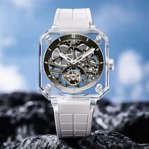 瑞士新款方形真陀飞轮高端机械表 方形镂空夜光时尚防水男表正品