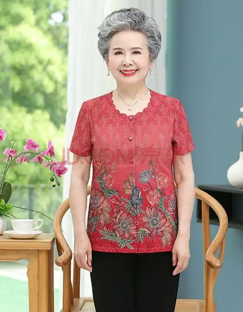 奶奶夏装短袖恤60-70岁中老年人女装妈妈上衣老太太衣服 922红短袖 xl