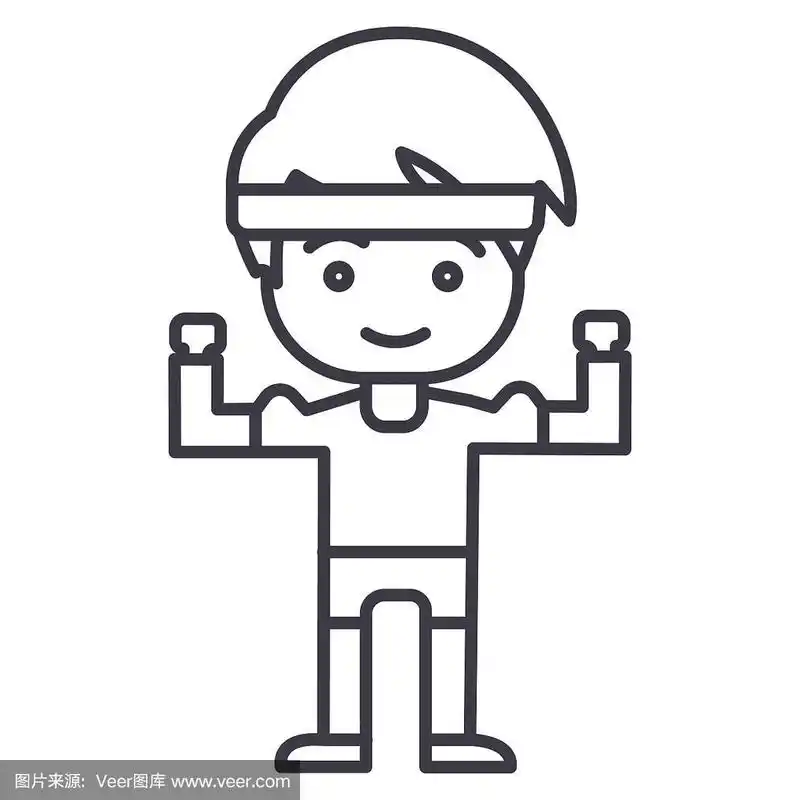 强壮的男孩,举起矢量线图标,标志,背景插图,可编辑的笔画