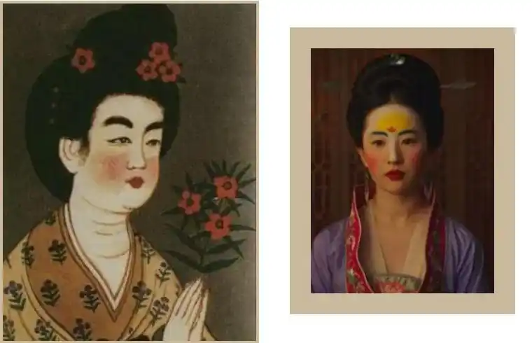 花木兰额头上的黄色便是花黄,眉心则是花钿,虽然这种额黄妆盛于唐朝